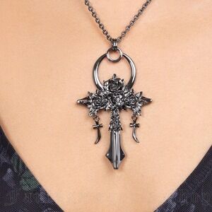 Killstar Mourning ankh cross gunmetal pendant necklace with roses egyptian goth